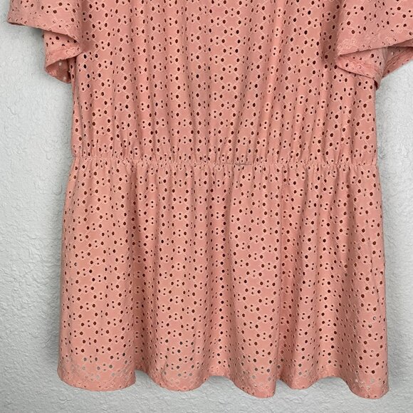 Lane Bryant Top Peach Eyelet Short Sleeve Pullover Plus Size 22/24 Elastic Waist - Picture 2 of 16